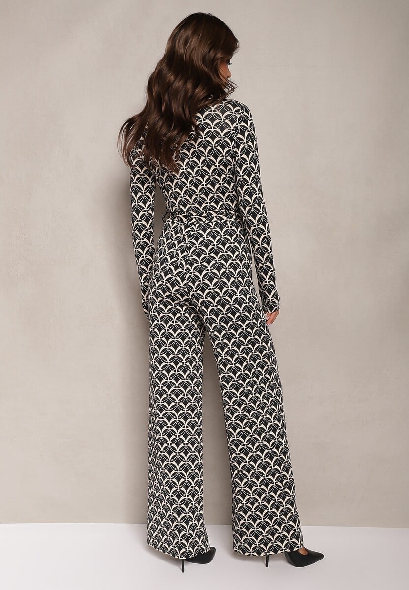 Czarny Kombinezon z Mozaikowym Wzorem z Dekoltem w Serek i Paskiem Inafil