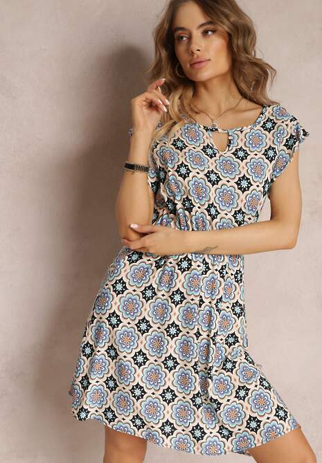 Niebiesko-Czarna Bawełniana Sukienka Mini w Mozaikowy Wzór z Gumką w Talii Fiyona