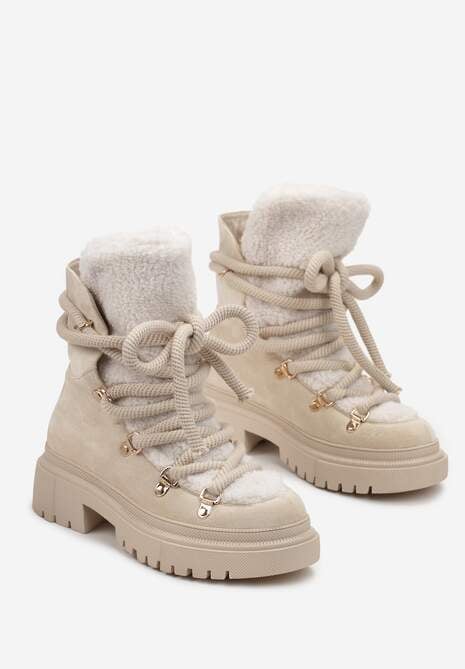 Beżowe Traperki Wiązane na Sznurek Ozdobione Kożuszkiem Sidonnie