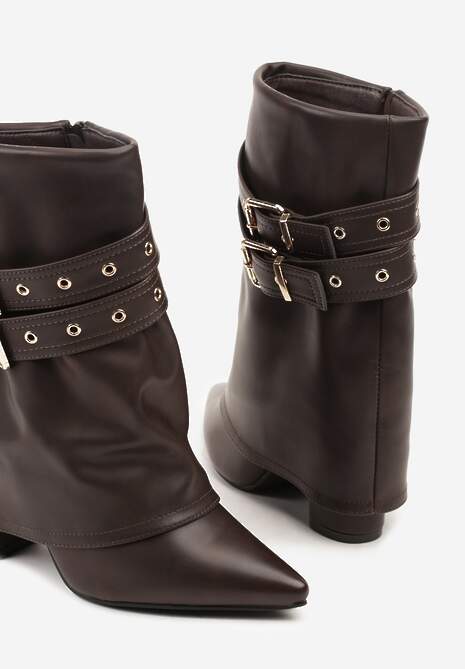Brązowe Botki Kowbojki na Słupku Ozdobione Klamrami i Wywiniętą Cholewką Codvire