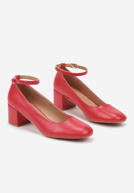 Czerwone Czółenka na Słupkowym Obcasie Zapinane Przy Kostce Argenilia