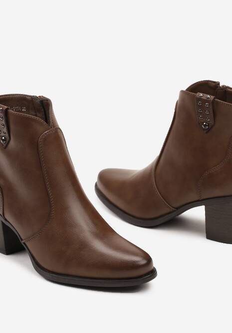 Brązowe Botki na Słupku w Stylu Kowbojek z Ozdobnymi Napami Elzinna