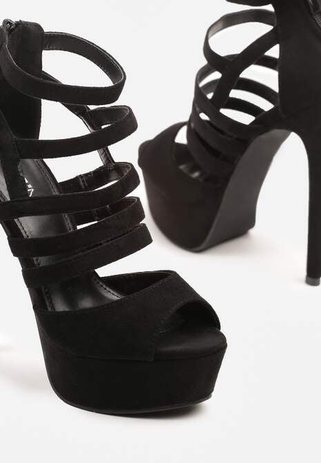 Czarne Sandały Szpilki na Platformie Ozdobione Paskami Naniel