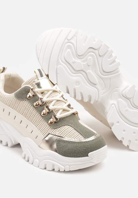 Beżowo-Zielone Sneakersy w Steetwearowym Stylu na Tłoczonej Platformie Ozdobione Wzorem w Panterkę Gonavielle