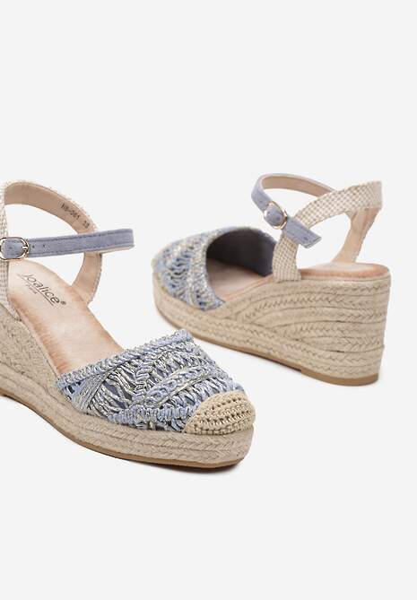 Niebieskie Sandały na Koturnie Ozdobione Plecionką i Metaliczną Nicią Zapinane przy Kostce Zeffani