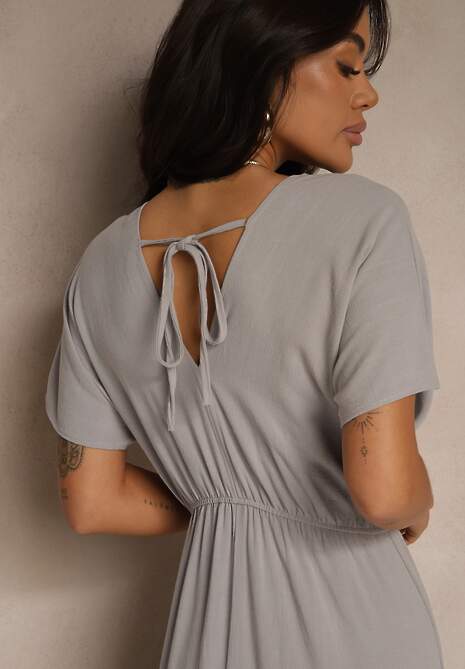 Szara Sukienka z Wiskozą i Lnem z Wiązaniem z Tyłu Kolissea