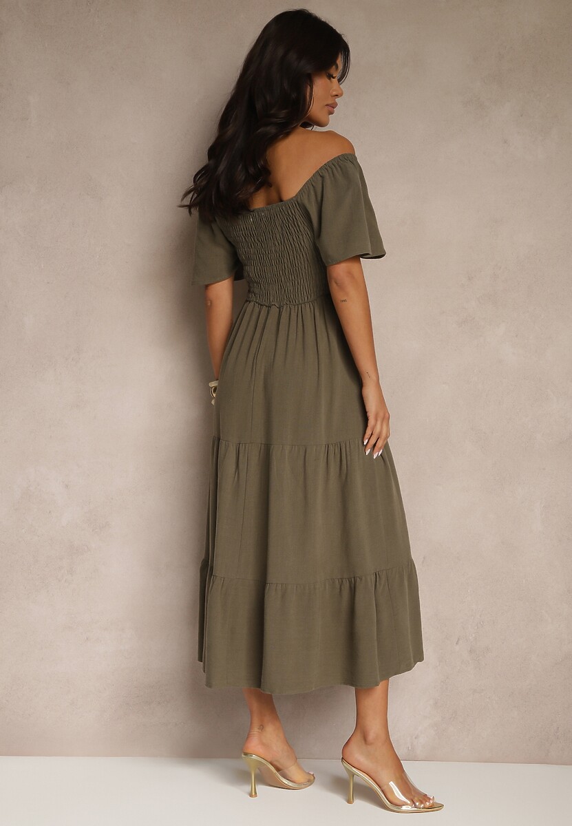 Ciemnozielona Wiskozowa Sukienka z Lnem o Rozkloszowanym Kroju Koloreia