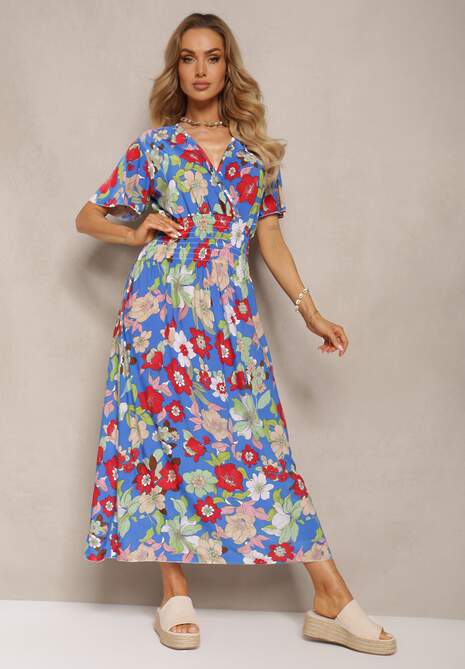 Niebiesko-Czerwona Sukienka z Gumką w Talii z Trójkątnym Dekoltem w Kwiatowy Wzór Nellvia