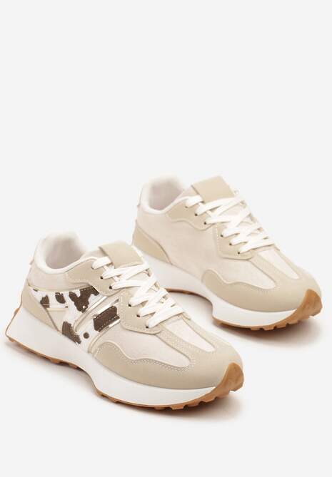 Beżowo-Brązowe Sneakersy Ozdobione Geometrycznym Motywem w Krowie Łaty Rilameia