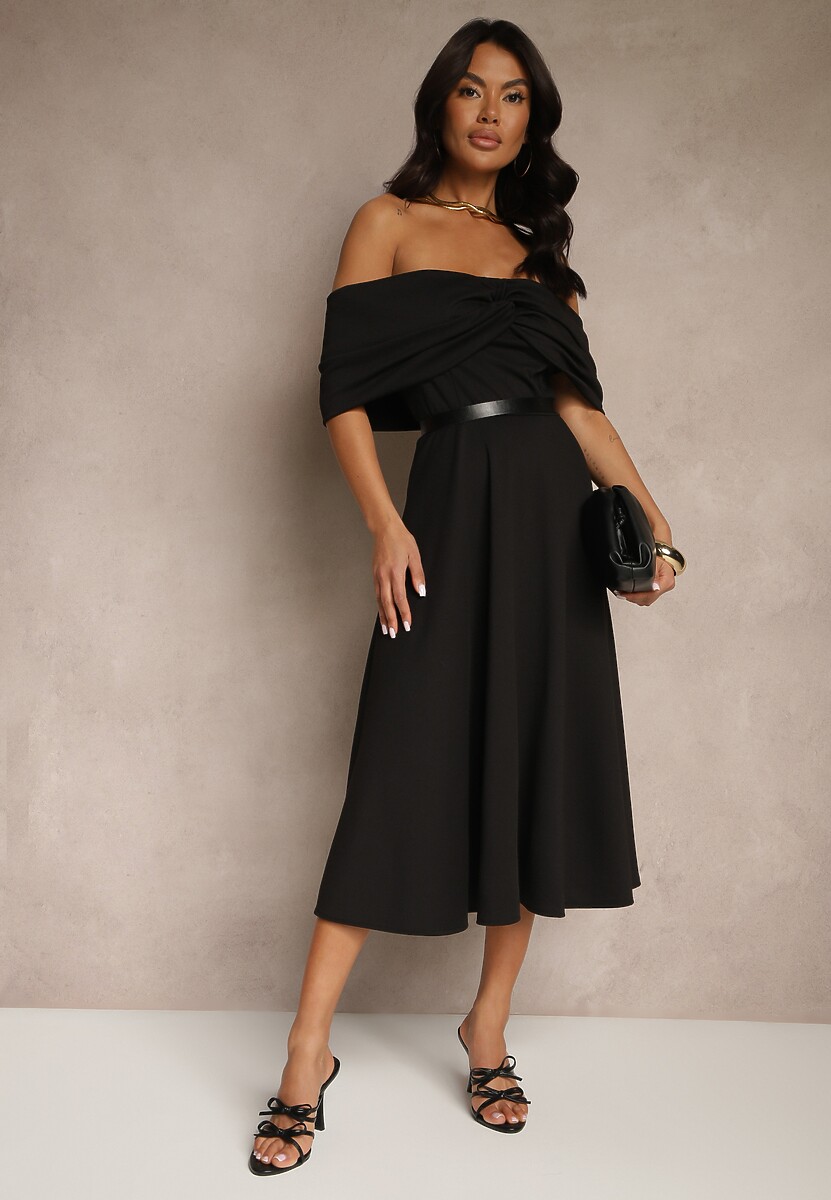 Czarna Sukienka Rozkloszowana Ozdobiona Kokardą Odarra