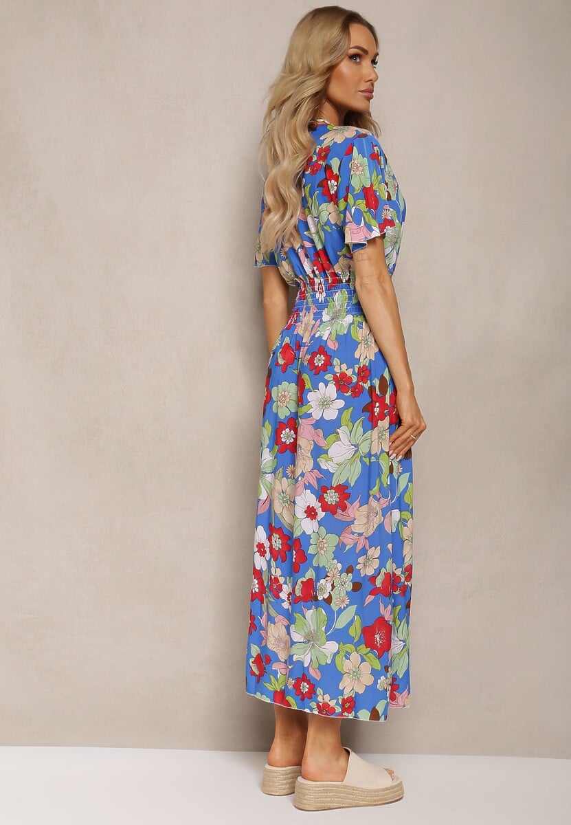 Niebiesko-Czerwona Sukienka z Gumką w Talii z Trójkątnym Dekoltem w Kwiatowy Wzór Nellvia