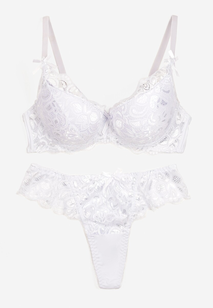 Biały Komplet Bielizny Koronkowej Biustonosz i Stringi z Kokardkami Naselle