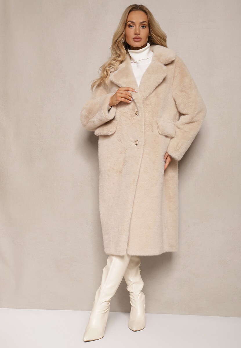 Beżowy Płaszcz z Futra z Zapięciem na Guziki i Wsuwanymi Kieszeniami Paritha