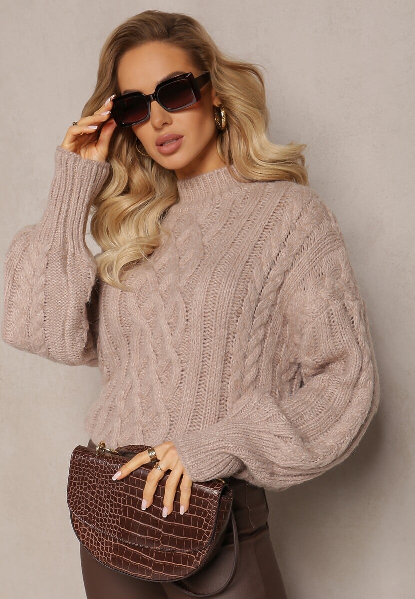 Ciemnobeżowy Luźny Golf w Ozdobny Splot Atterta