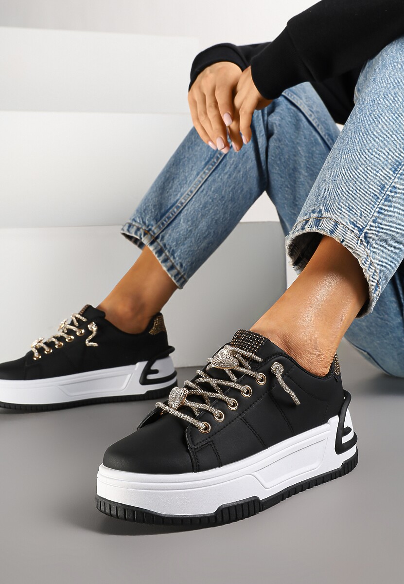 Czarne Sneakersy na Platformie Ozdobione Cyrkoniami Deomaria