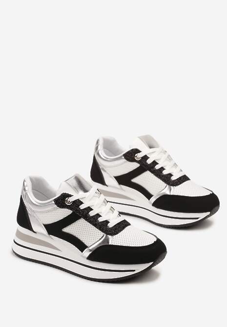 Biało-Czarne Sneakersy na Grubej Podeszwie w Paski Zdobione Brokatem Selarissa