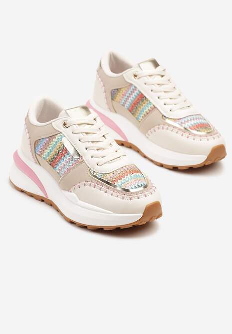 Beżowo-Różowe Sneakersy na Platformie ze Wstawkami z Plecionki Ninatia