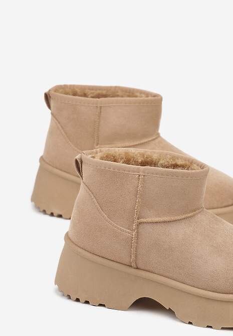 Ciemnobeżowe Śniegowce z Imitacji Zamszu o Wsuwanym Fasonie na Platformie Reilessa