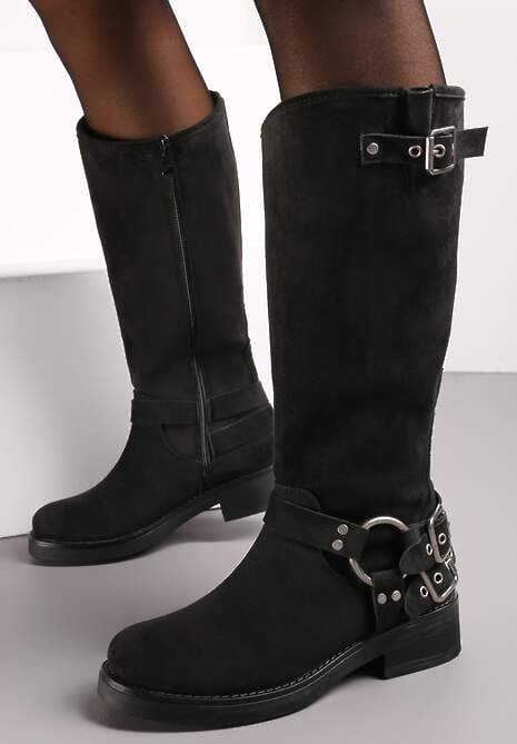 Czarne Kozaki Bikery z Ekoskóry z Ozdobnym Paskiem z Klamrą Marvita