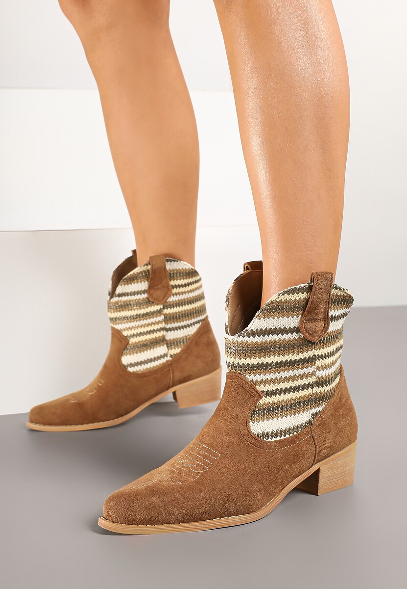 Jasnobeżowe Botki Typu Kowbojki na Niskim Obcasie Elearisha