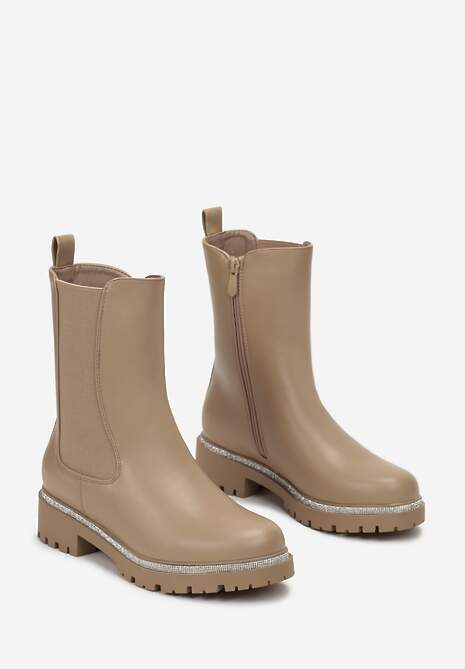 Ciemnobeżowe Botki Sztyblety z Podeszwą z Protektorem Avelintis