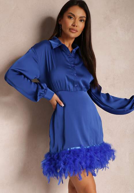 Granatowa Sukienka Satynowa z Piórkami na Dole Abira