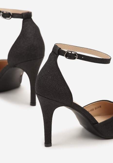 Czarne Brokatowe Szpilki Czółenka z Zapięciem przy Kostce Bregelia