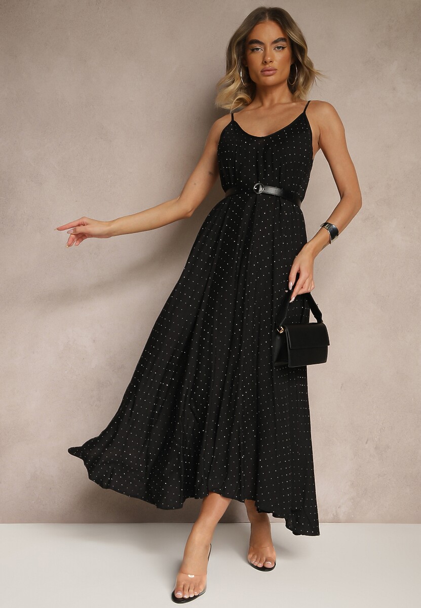 Czarna Wiskozowa Sukienka o Rozkloszowanym Kroju Ozdobiona Cyrkoniami Tosnaria