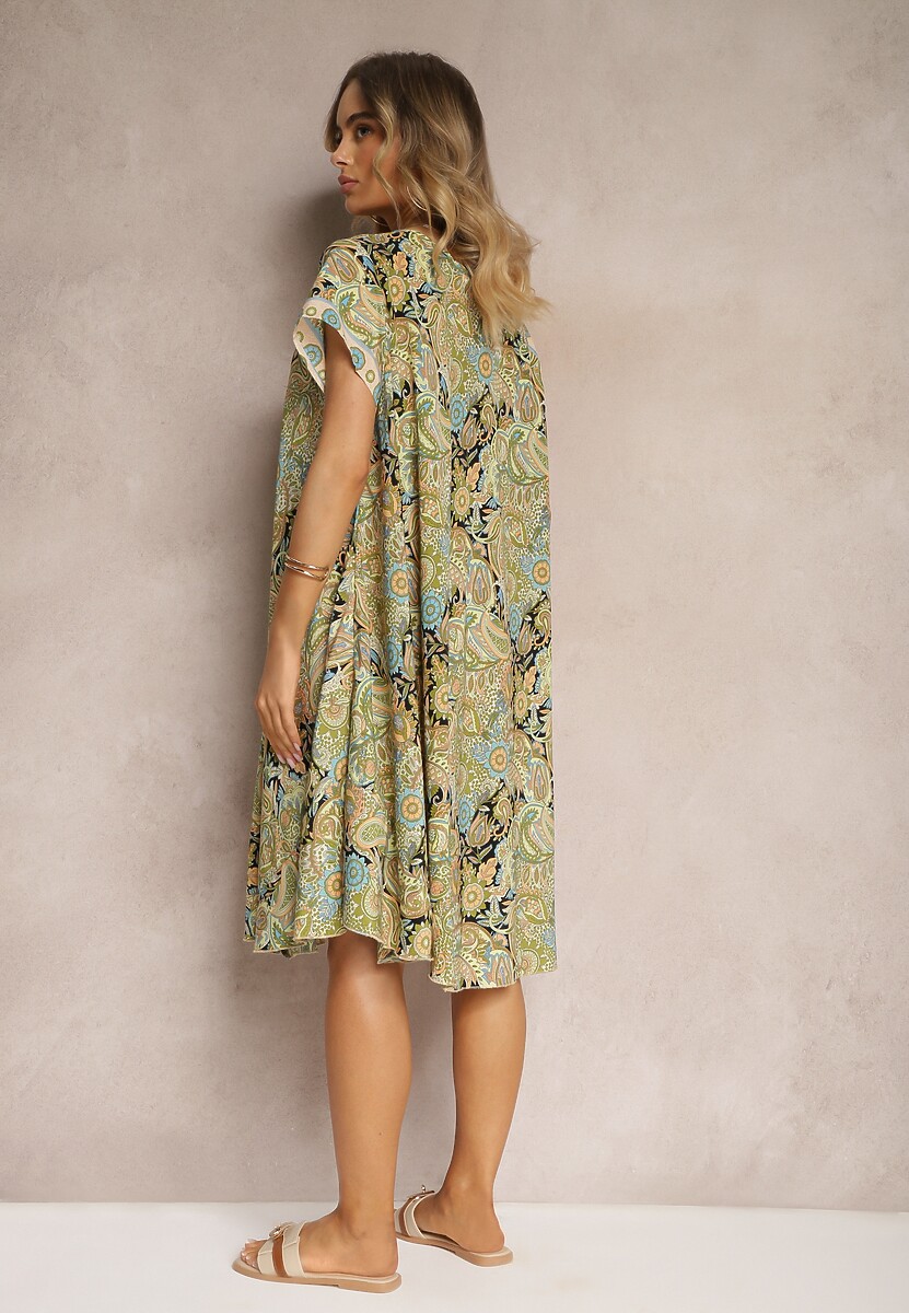 Żółta Sukienka Boho z Wiskozy z Cienkim Paskiem w Talii Rivasea