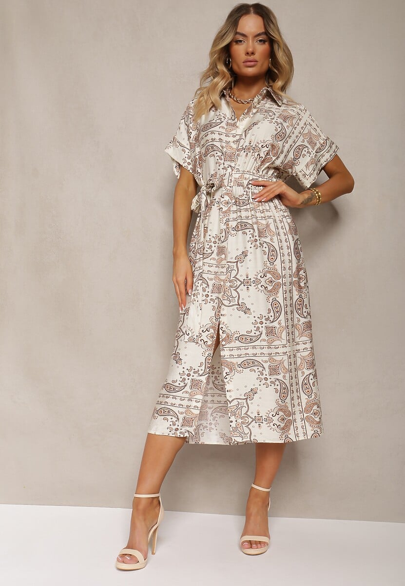 Jasnobeżowa Wiskozowa Sukienka Koszulowa z Materiałowym Paskiem i Gumką w Talii Cilefia