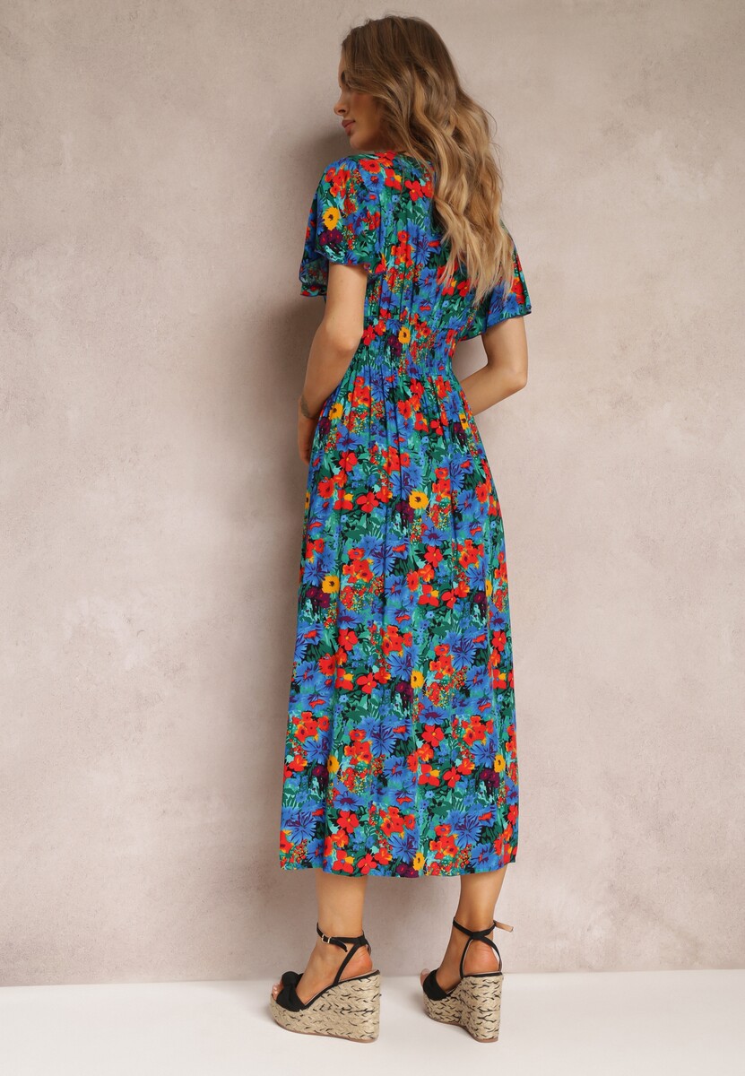 Niebieska Rozkloszowana Sukienka Maxi z Gumką w Pasie z Wiskozy Femia