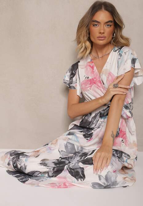 Biało-Czarna Kopertowa Sukienka z Wiązanym Paskiem w Kwiatowy Wzór Redellira