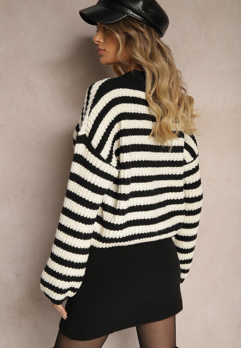 Biało-Czarny Casualowy Sweter z Bawełną Ozdobiony Paskami Zinaja