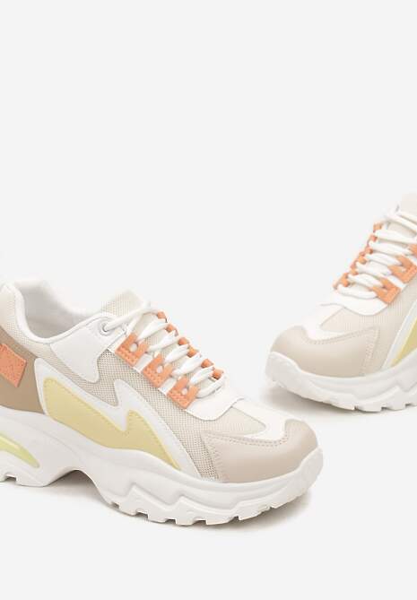 Biało-Żółte Sneakersy Na Grubej Podeszwie z Przeszyciami i Sznurwaniem  Marinil
