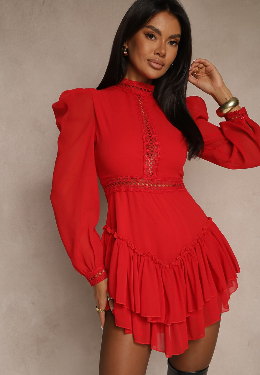 Czerwona Rozkloszowana Sukienka Kombinezon Taliowany z Falbankami i Koronką Pokisa