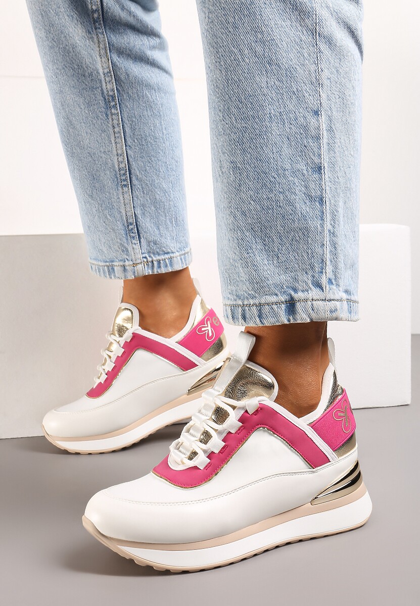 Biało-Różowe Sneakersy z Metaliczną Wstawką i Ozdobnym Napisem na Ukrytym Koturnie Alivewna