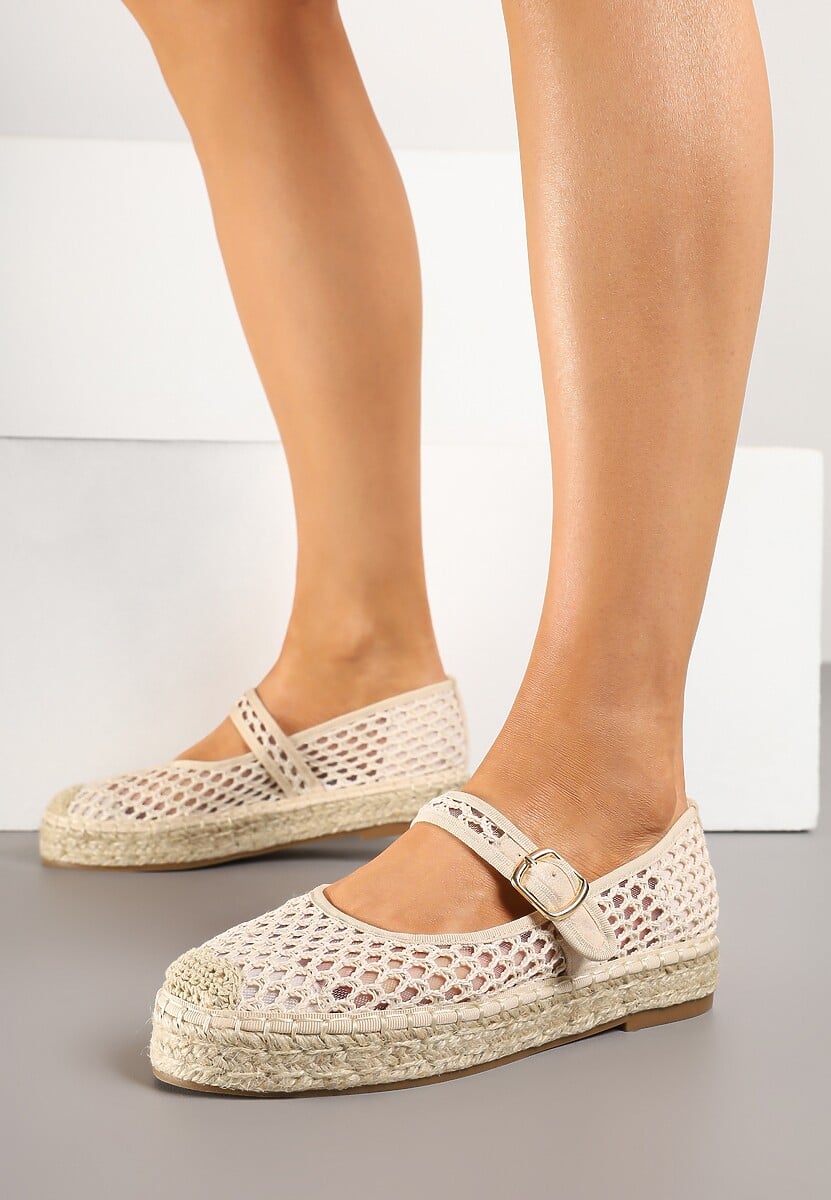 Jasnobeżowe Siateczkowe Espadryle na Podeszwie z Juty Zapinane na Sprzączkę Geniffia