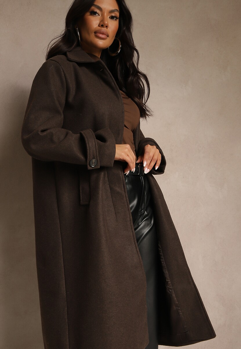 Brązowy Płaszcz Jednorzędowy z Wiskozą i Wełną Typu Trencz Maitila