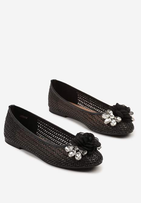 Czarne Balerinki z Szydełkowanymi Zdobieniami Cyrkoniami i Kwiatową Aplikacją Mairalos