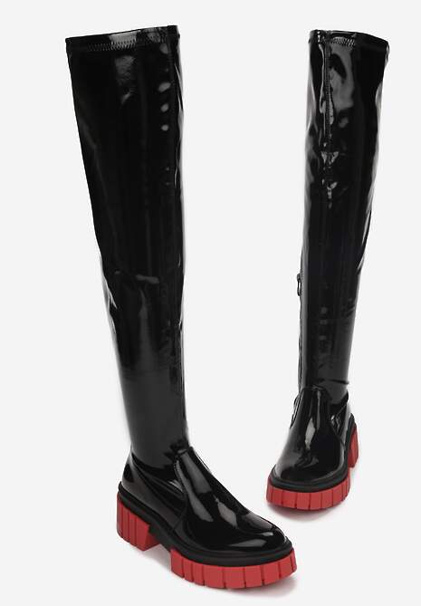 Czarne Kozaki Muszkieterki Winylowe na Grubej Podeszwie Laenala