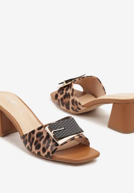 Panterkowe Klapki na Słupkowym Obcasie z Ozdobną Klamerką Mirriza