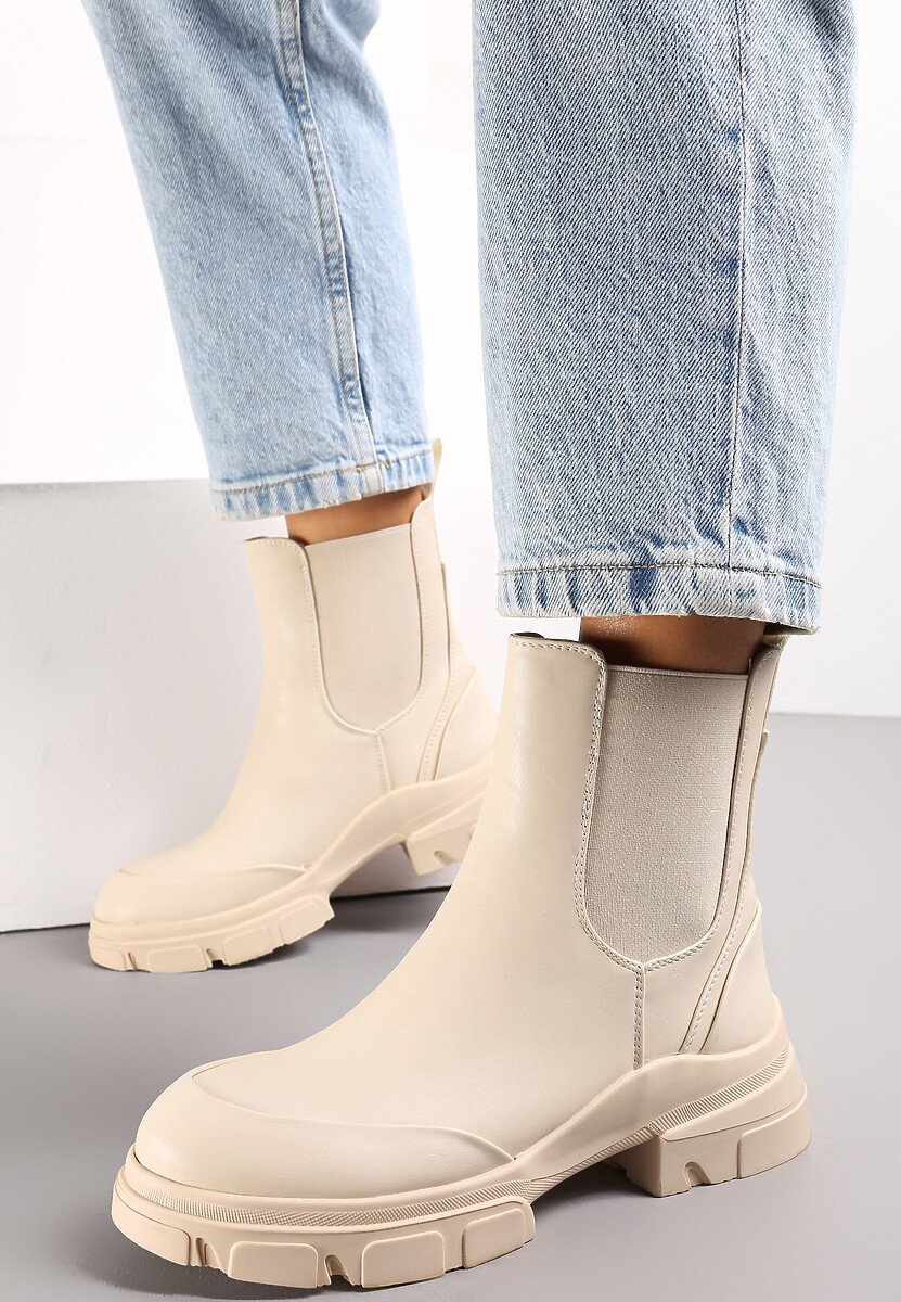 Beżowe Botki Sztyblety na Grubej Podeszwie z Elastyczną Wstawką Elearesa