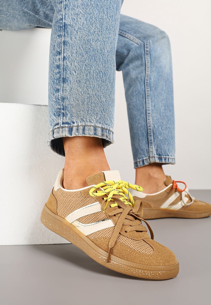 Beżowe Sneakersy z Geometrycznymi Paskami i Podwójnym Wiązaniem Florlevi