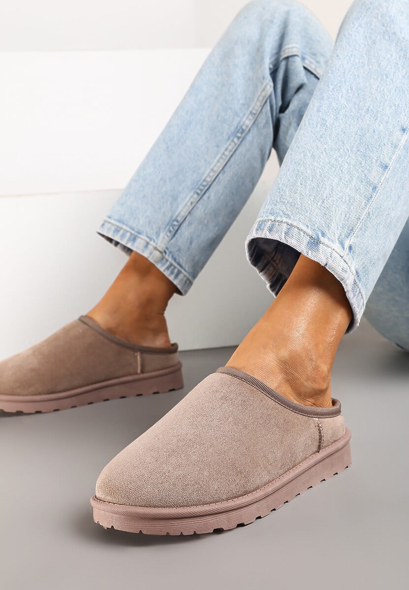 Czarne Casualowe Kapcie na Płaskiej Podeszwie z Futerkiem Peccaria