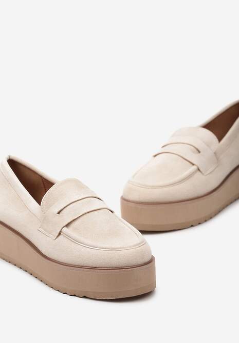 Beżowe Półbuty w Stylu Mokasynów z Imitacji Zamszu na Platformie Vhisper
