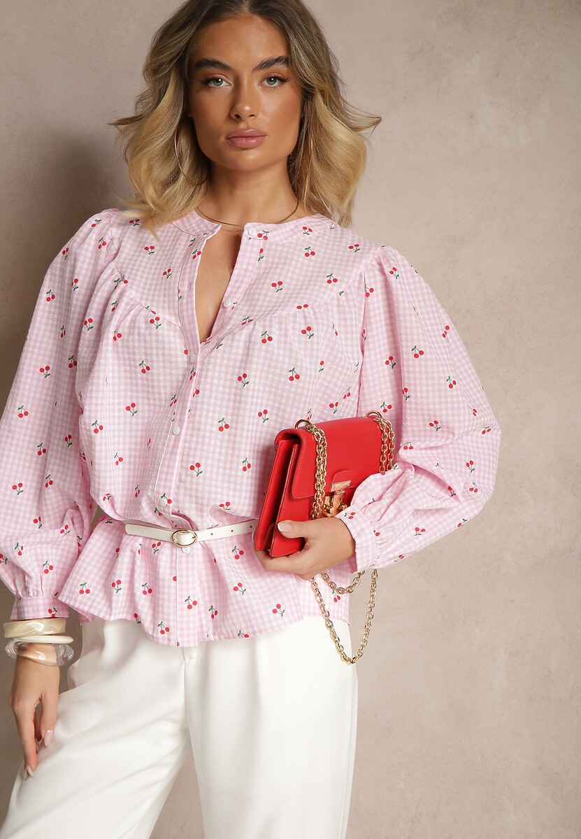 Różowa Koszula Bawełniana z Wisienkami w Kratę Haladriela