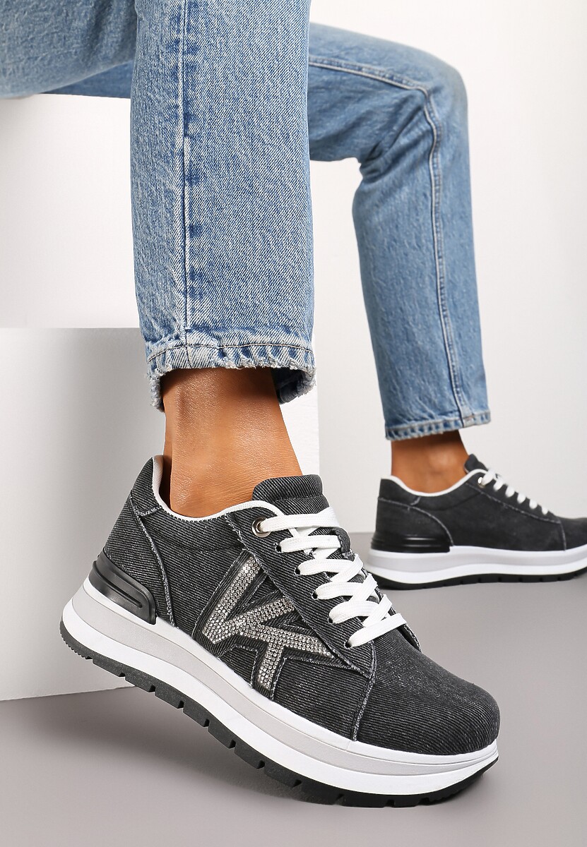 Czarne Sneakersy na Piankowej Platformie Ozdobione Cyrkoniami z Boku Epirvala