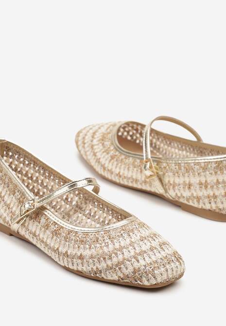 Złote Balerinki Mary Jane Ozdobione Metaliczną Nicią Ilimalla