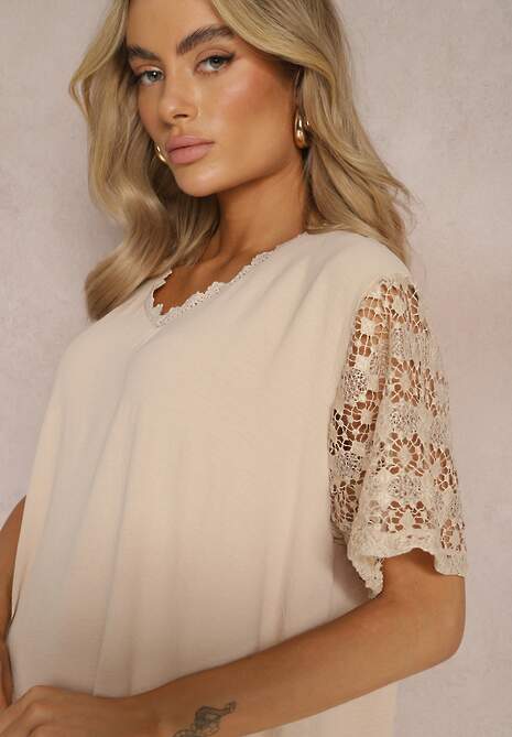 Beżowa Pudełkowa Sukienka Mini z Koronkowymi Wykończeniami Oirelyn