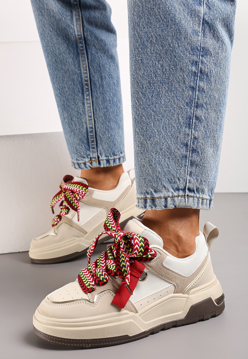 Ciemnobeżowe Sneakersy na Płaskiej Podeszwie z Grubymi Sznurówkami i Przeszyciami Joliat